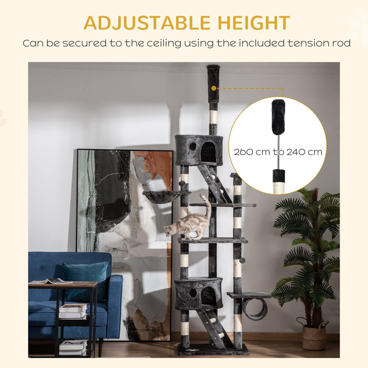 Adjustable Height Cat Tree, 240-260cm - Dark Grey - Cat Trees - Purr Wish
