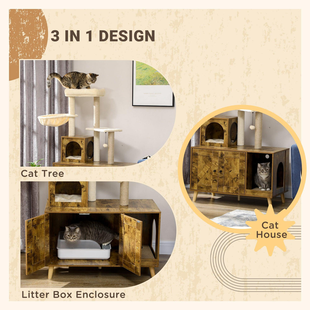 Cat Litter Enclosure w/ Cat Tree, 138cm - Rustic Brown - Cat Trees - Purr Wish