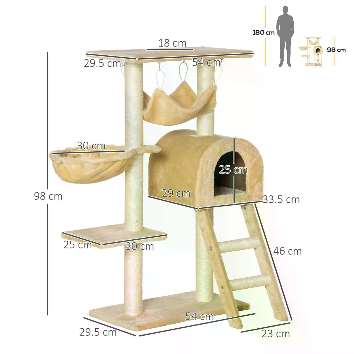 Cat Tree Tower Activity Centre w/ Hammock, 98cm - Beige - Cat Trees - Purr Wish