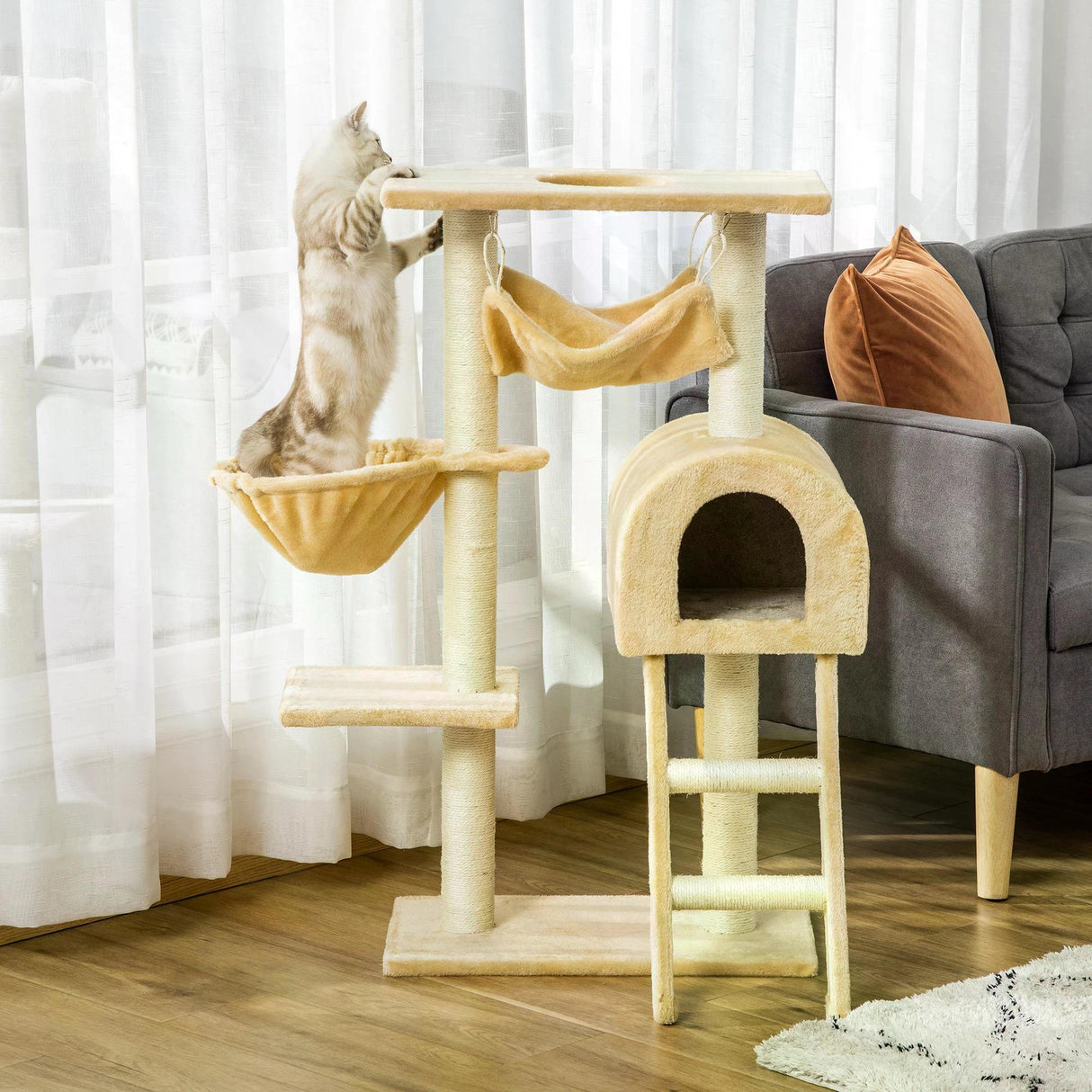 Cat Tree Tower Activity Centre w/ Hammock, 98cm - Beige - Cat Trees - Purr Wish