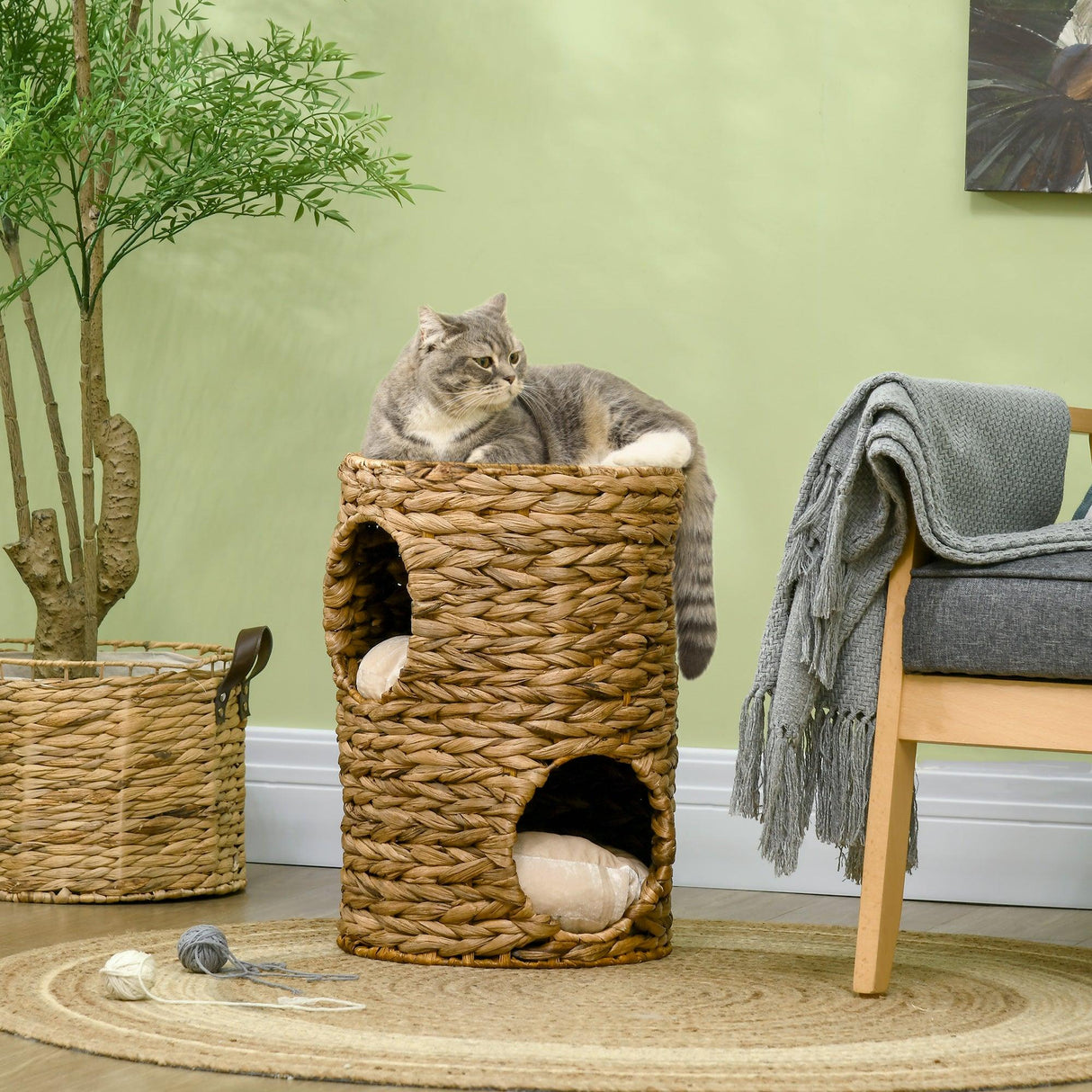Indoor Cat Barrel Tree with 2 Cat Houses, 47cm - Light Brown - Cat Trees - Purr Wish
