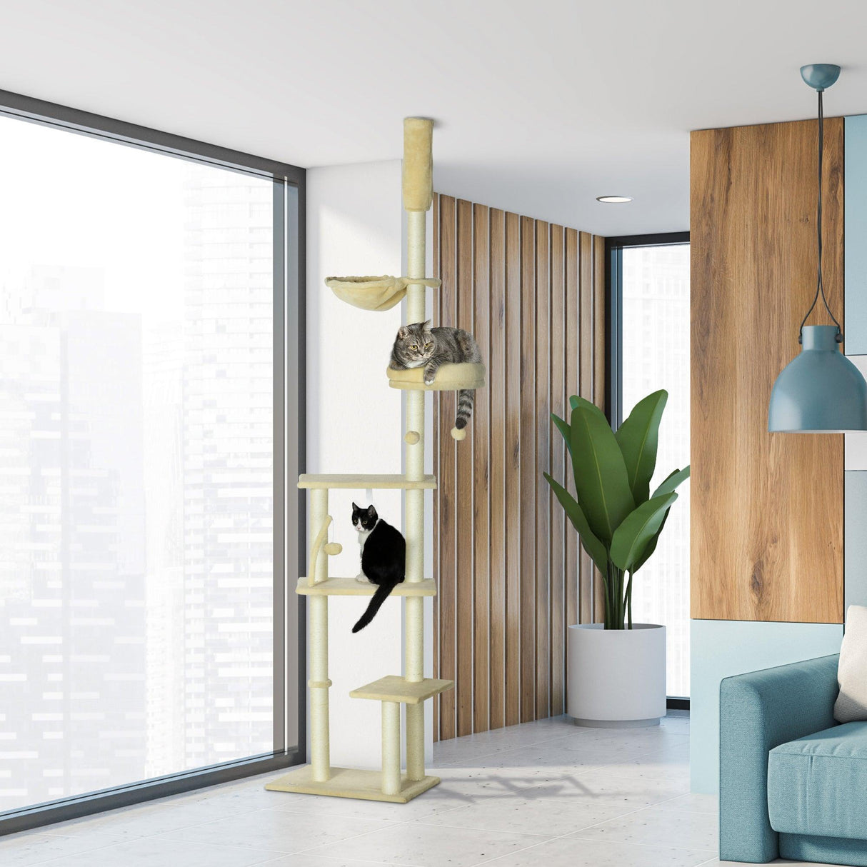 6-Tier Floor-to-Ceiling Adjustable Cat Tree, 230-250cm - Beige - Cat Trees - Purr Wish