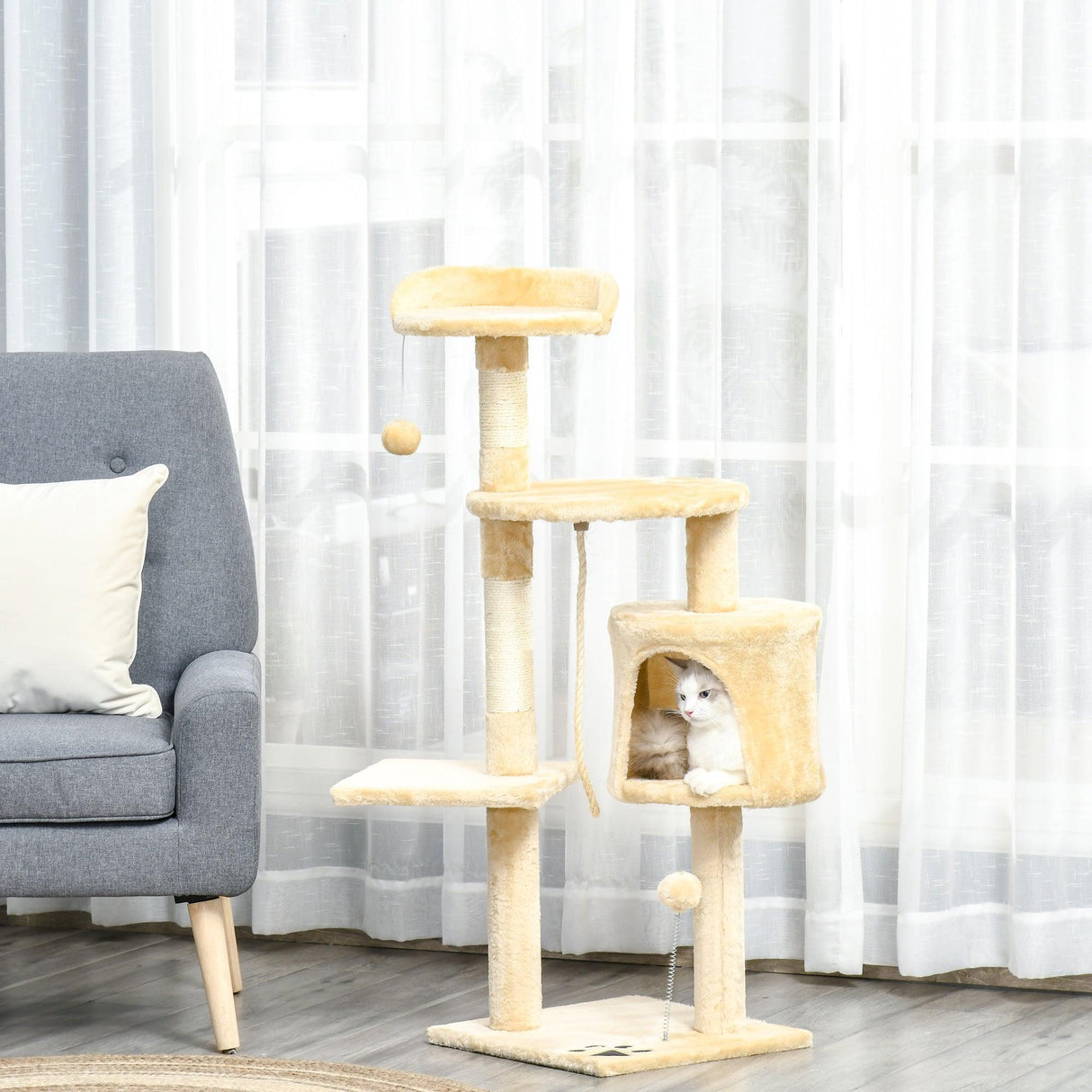 Multi-Level Cat Tree House, 114cm - Beige - Cat Trees - Purr Wish