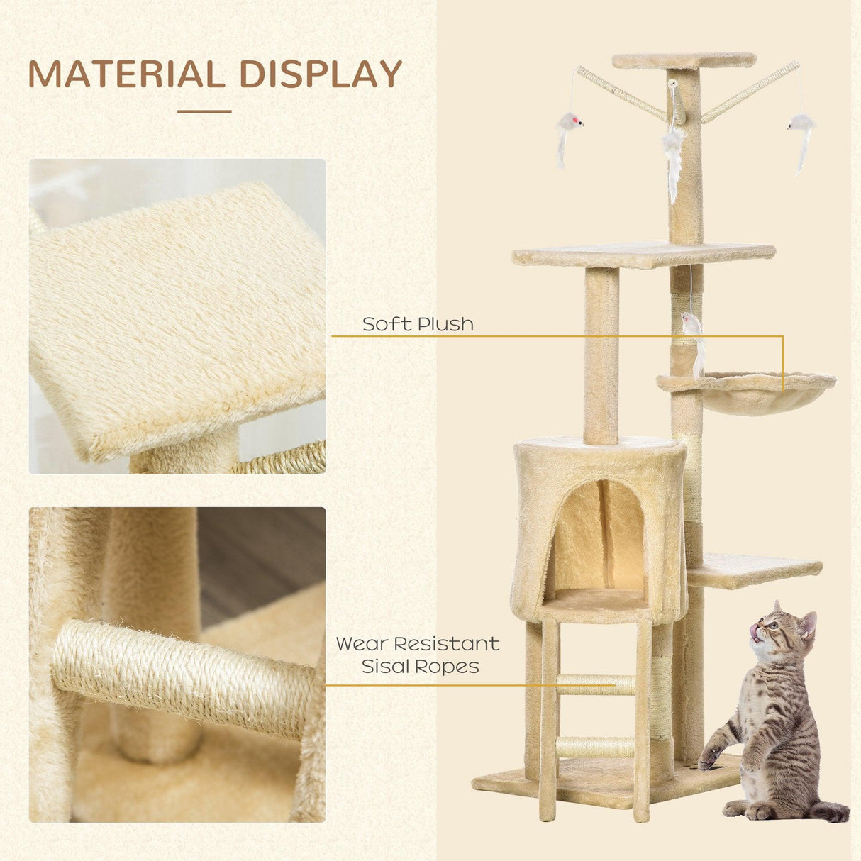 Multi-Level Cat Tree House, 134.2cm - Beige - Cat Trees - Purr Wish