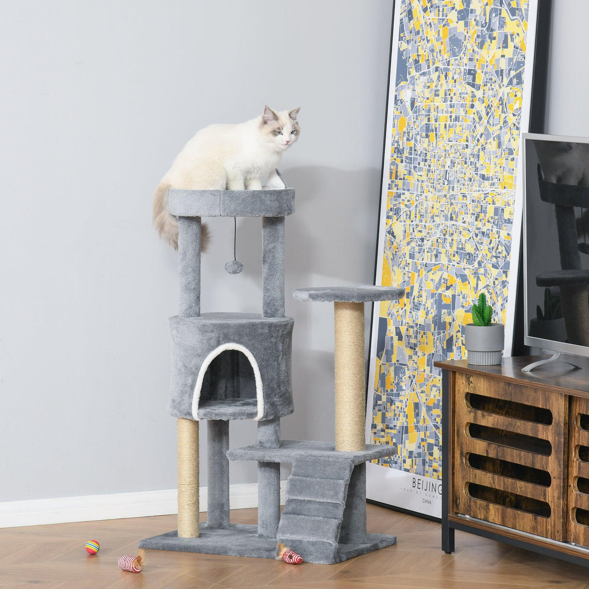 Multi-Platform Cat Tree Condo with Scratching Post, 100cm - Grey - Cat Trees - Purr Wish