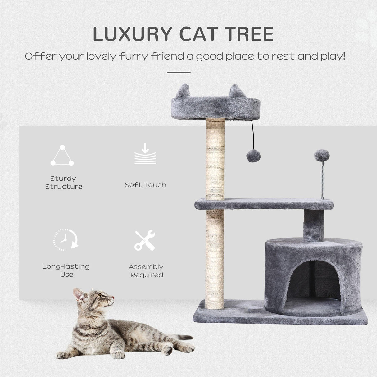 3-Tier Cat Tower w/ Hide-Away House, 81cm - Grey - Cat Trees - Purr Wish