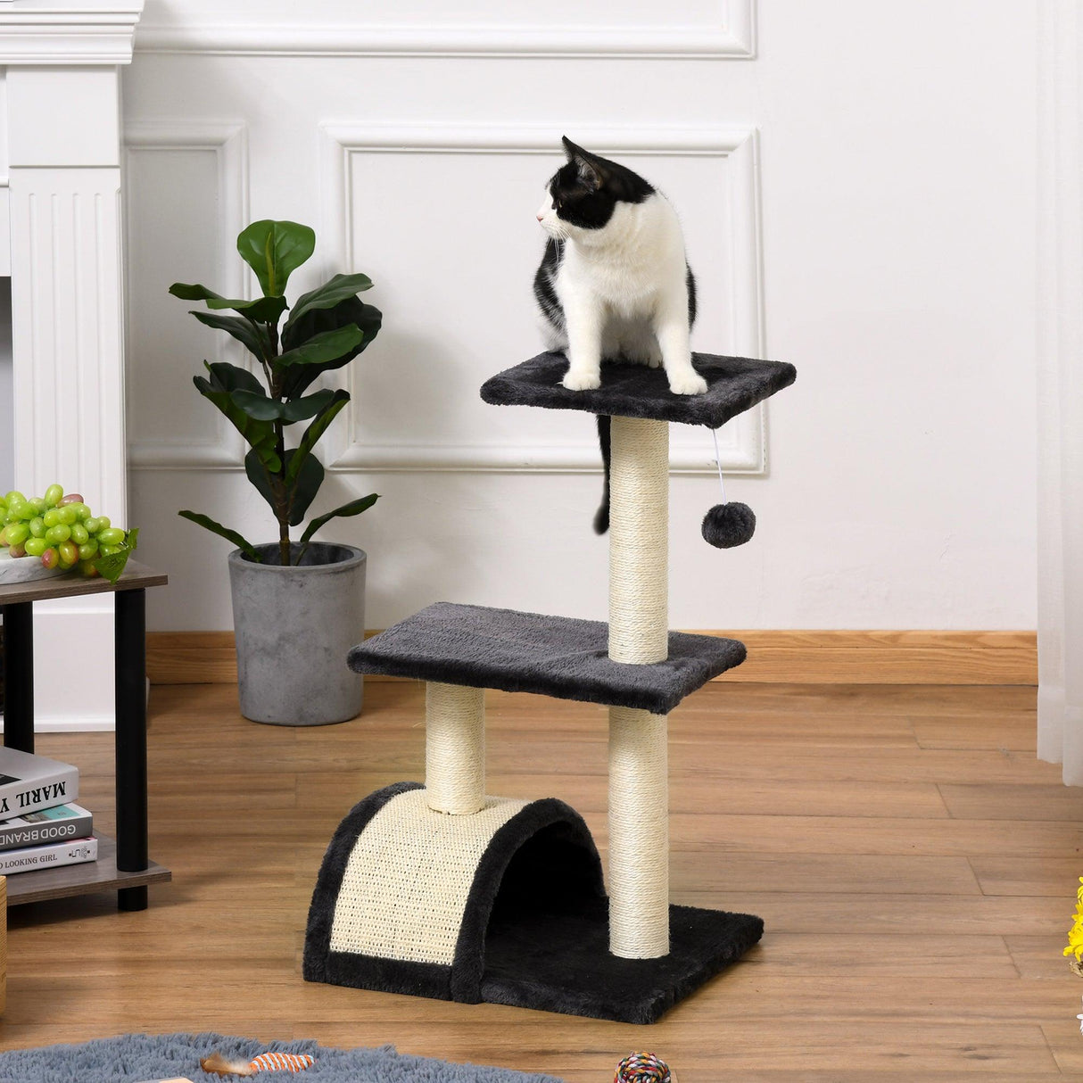 Cat Tower with Scratching Post Pad and Hanging Ball, 72cm - Black - Cat Trees - Purr Wish