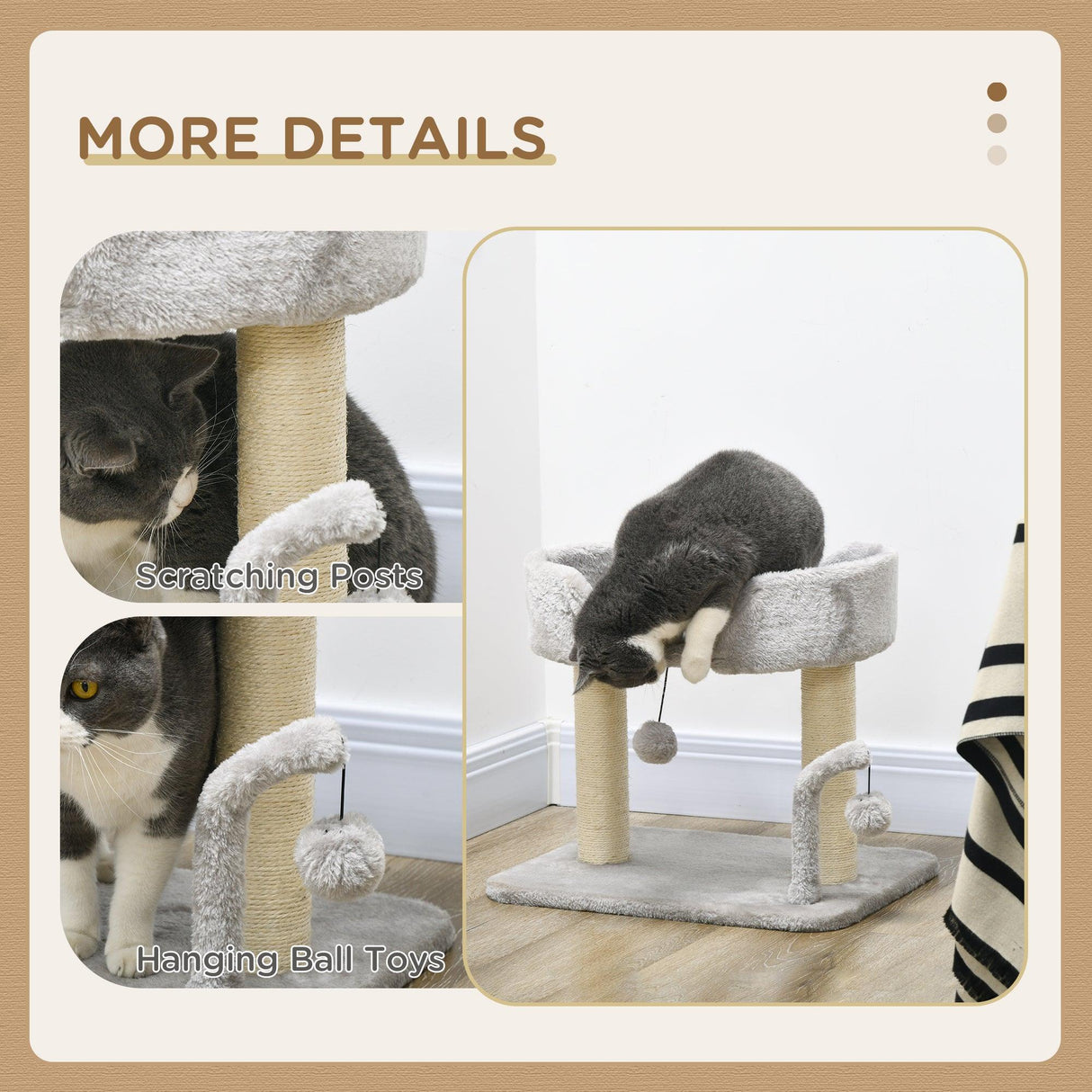 Cat Tree with Toy Balls and Sisal Scratching Post, 42cm - Light Grey - Cat Trees - Purr Wish