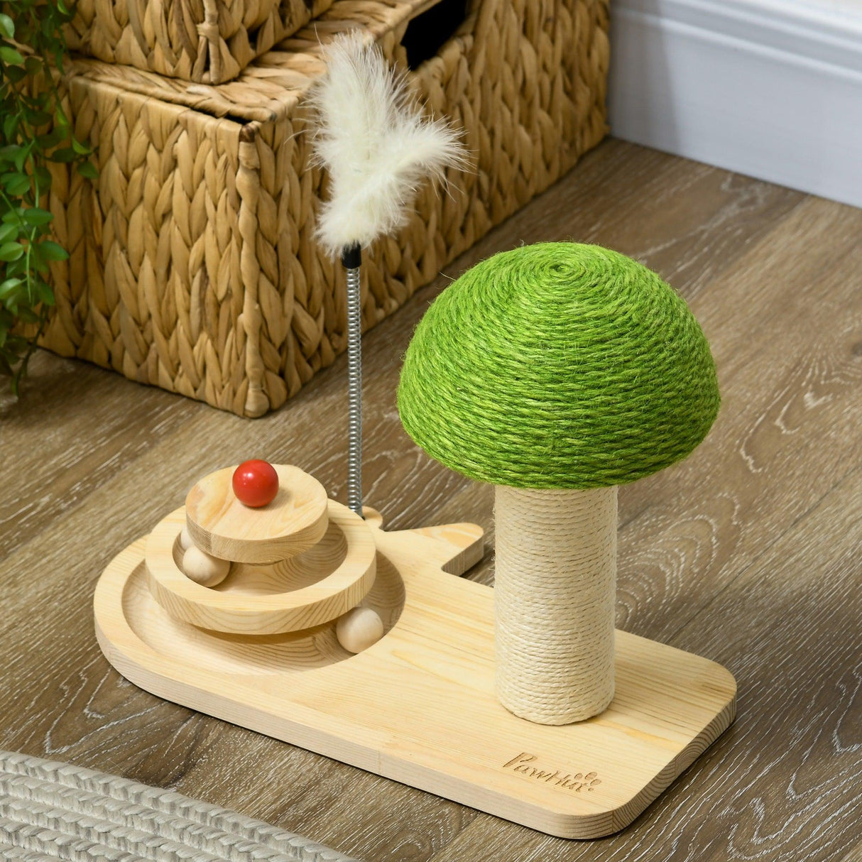 Mushroom Cat Scratching Post with Toy Balls, Feather, 26Hcm- Natural - Cat Scratchers - Purr Wish