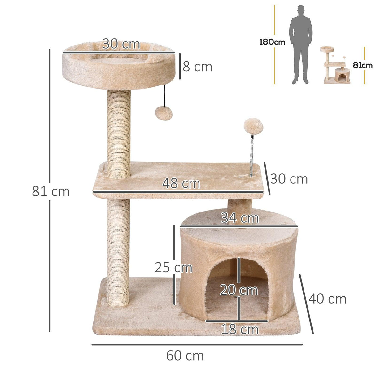 3-Tier Cat Tower w/ Hide-Away House & Ball Toys - Beige - Cat Trees - Purr Wish
