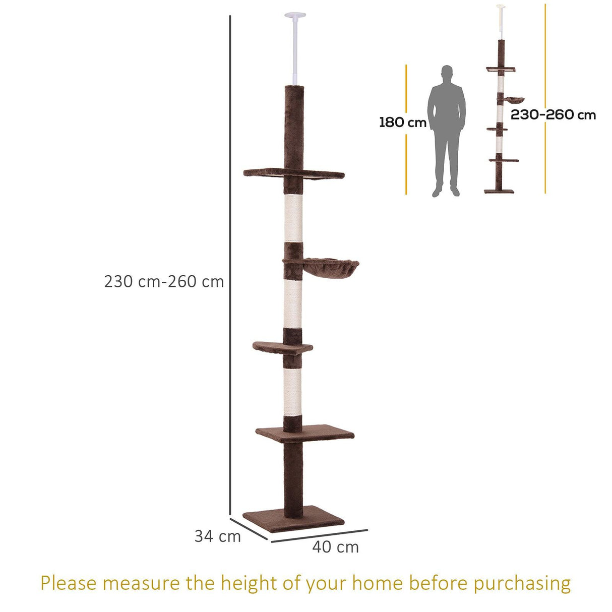 5-Tier Floor to Ceiling Cat Tree, Adjustable Height, Brown - Cat Trees - Purr Wish