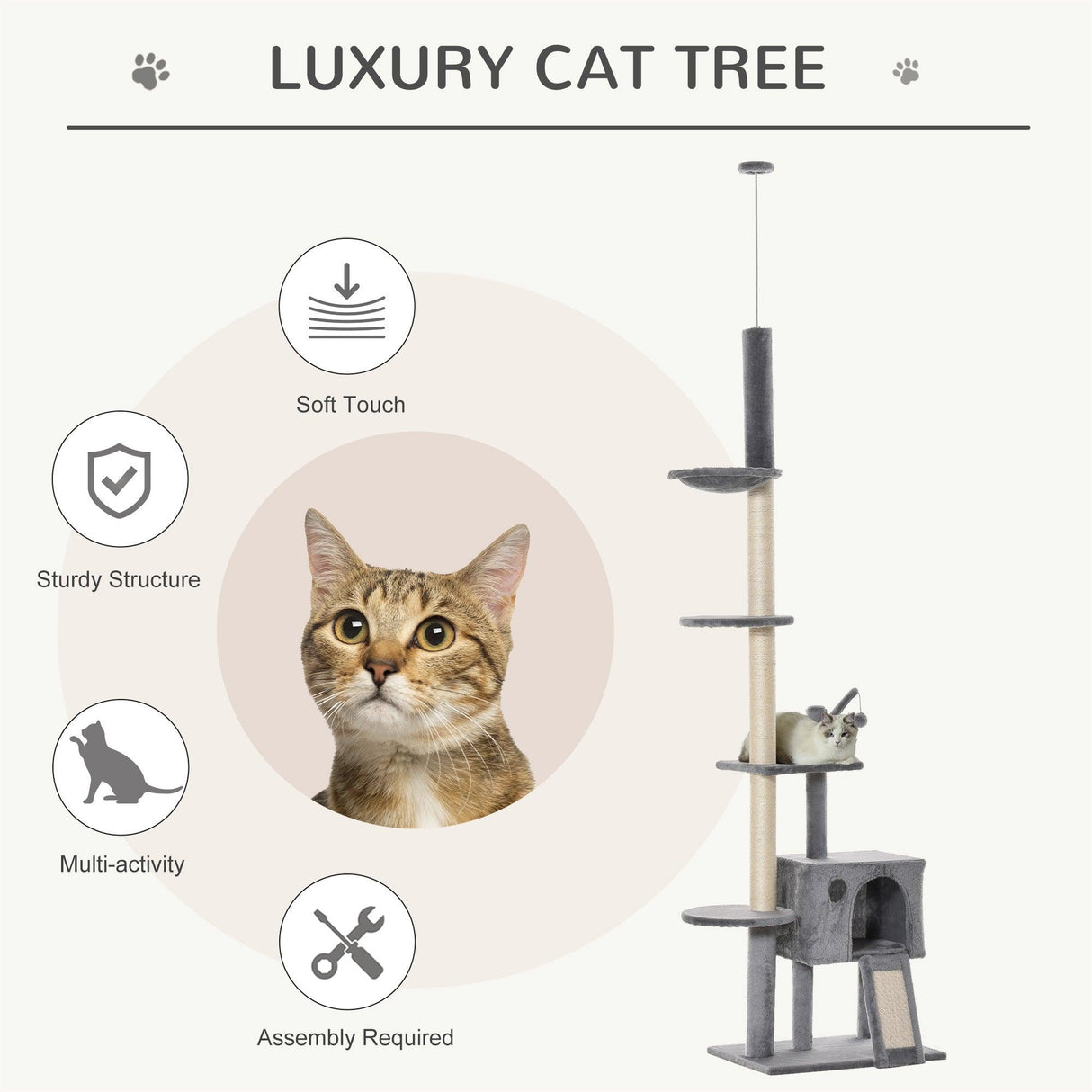 Floor-to-Ceiling Cat Climbing Toy Tower, 230-280cm - Light Grey - Cat Trees - Purr Wish