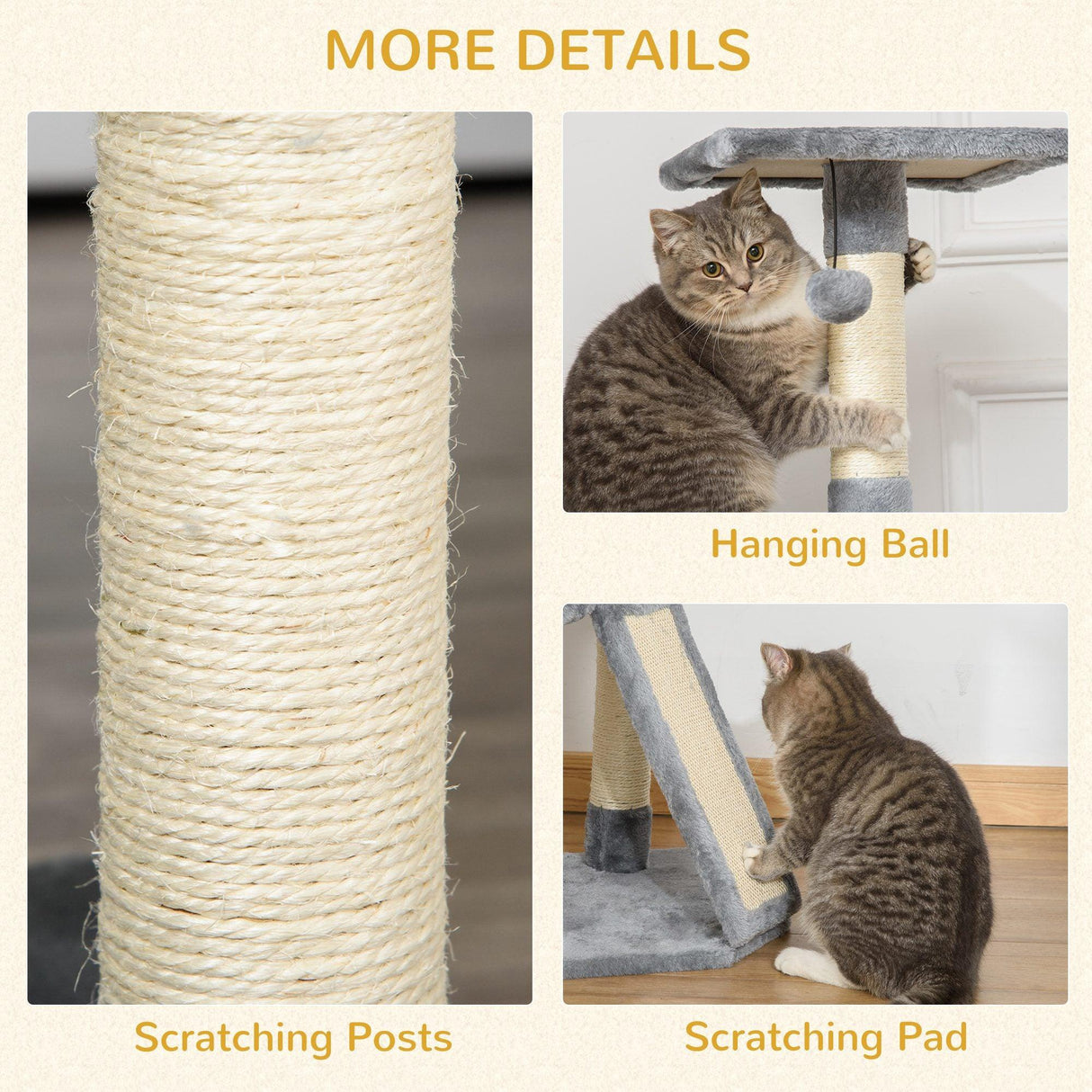 Corner Cat Tower w/ Sisal Rope Scratching Post, 98cm - Grey - Cat Trees - Purr Wish