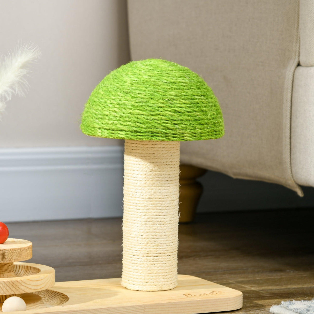 Mushroom Cat Scratching Post with Toy Balls, Feather, 26Hcm- Natural - Cat Scratchers - Purr Wish