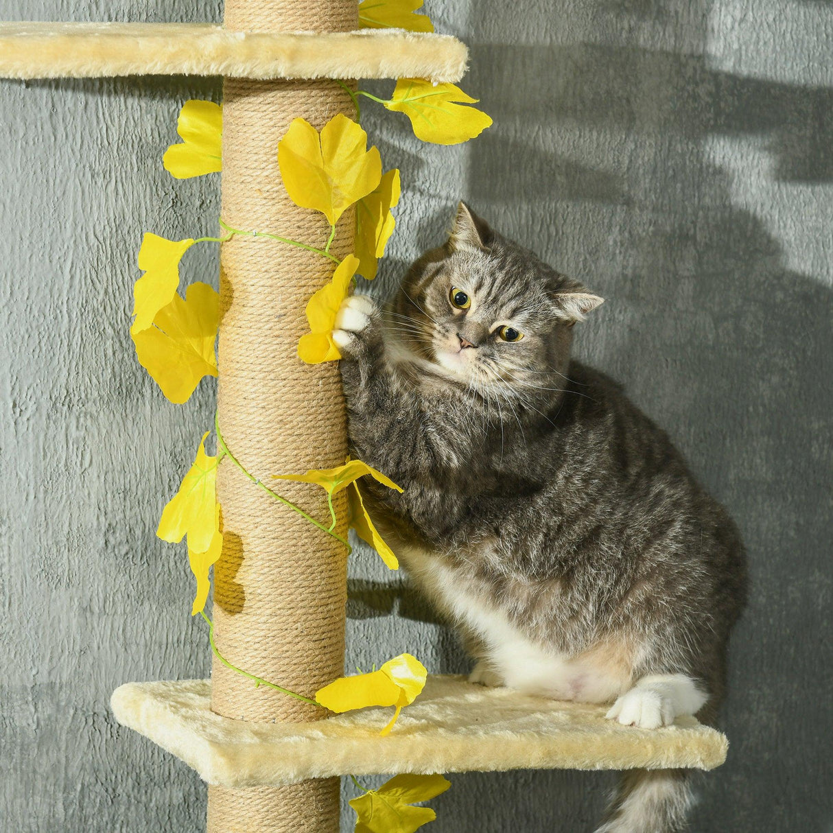3-Tier Height Adjustable Cat Tree, 202-242cm - Beige & Yellow - Cat Trees - Purr Wish