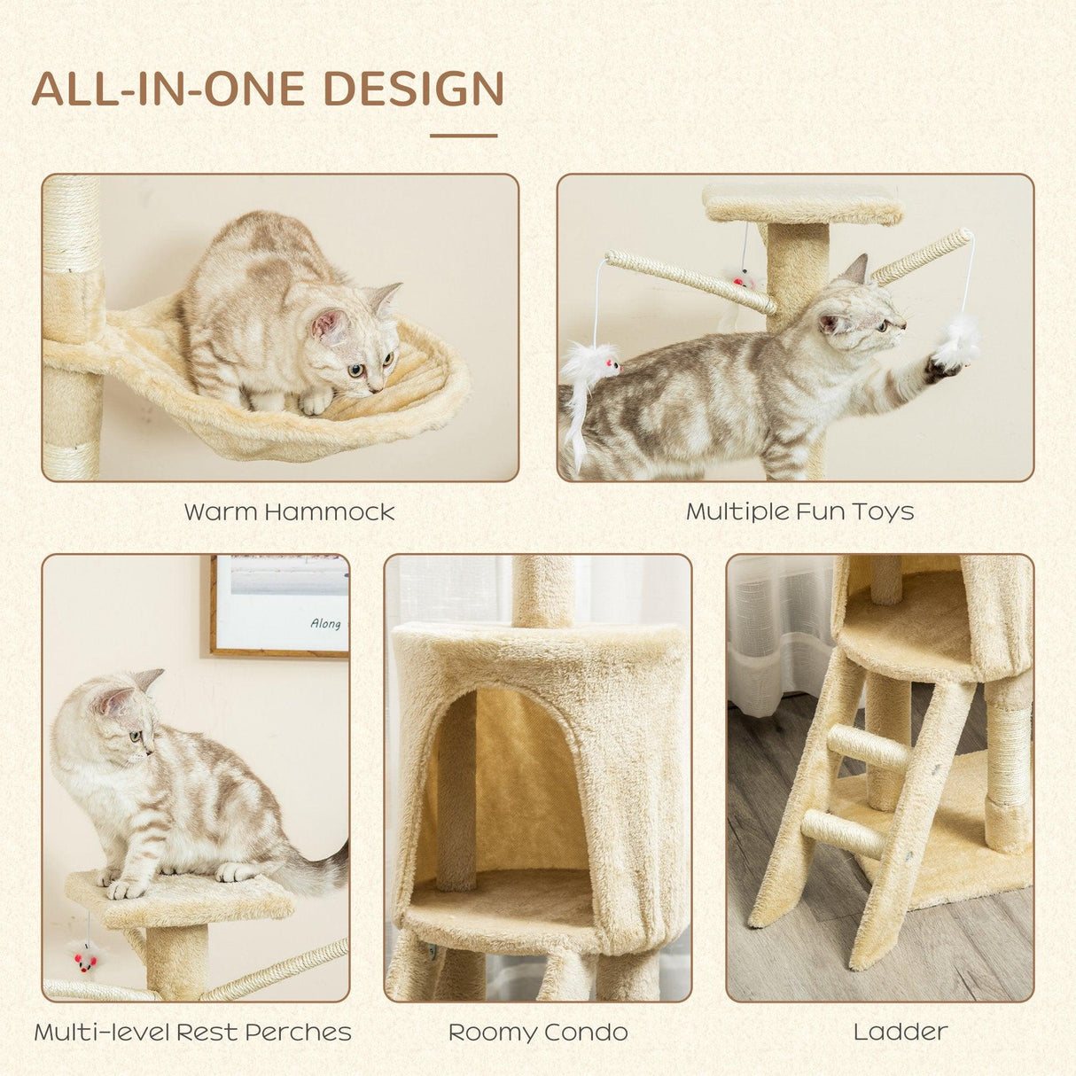 Multi-Level Cat Tree House, 134.2cm - Beige - Cat Trees - Purr Wish
