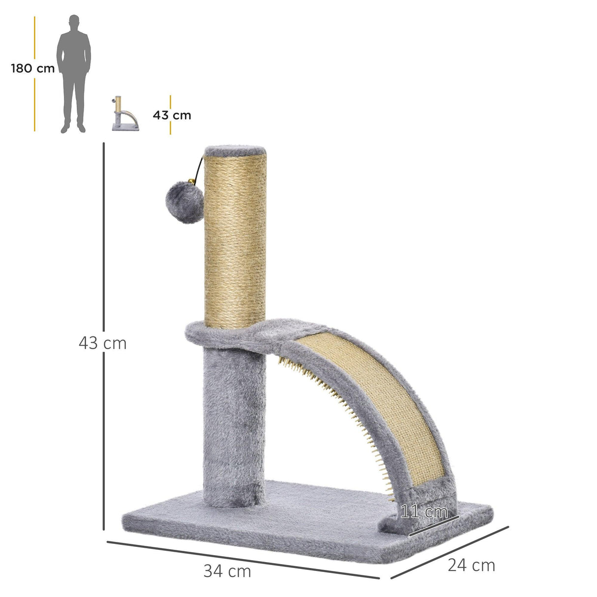Indoor Cat Tree, Self Grooming, Scratchers, 43cm - Grey - Cat Trees - Purr Wish