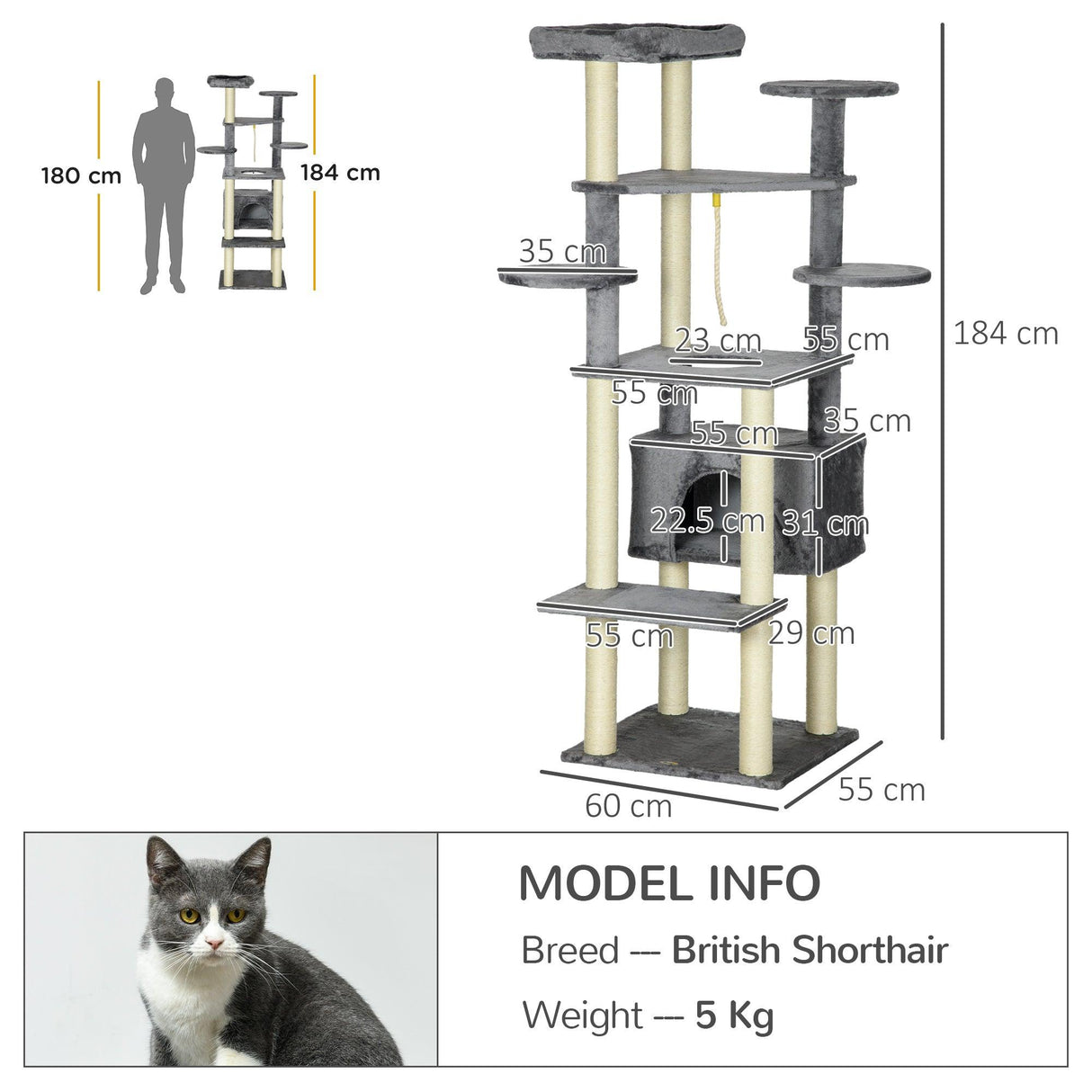 Multi-level Cat Tree w/ Scratching Posts, Bed, Condo, 184cm - Grey - Cat Trees - Purr Wish