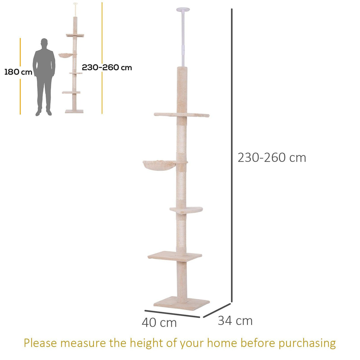 Adjustable Floor to Ceiling Cat Tree, 230-260cm, Beige - Cat Trees - Purr Wish