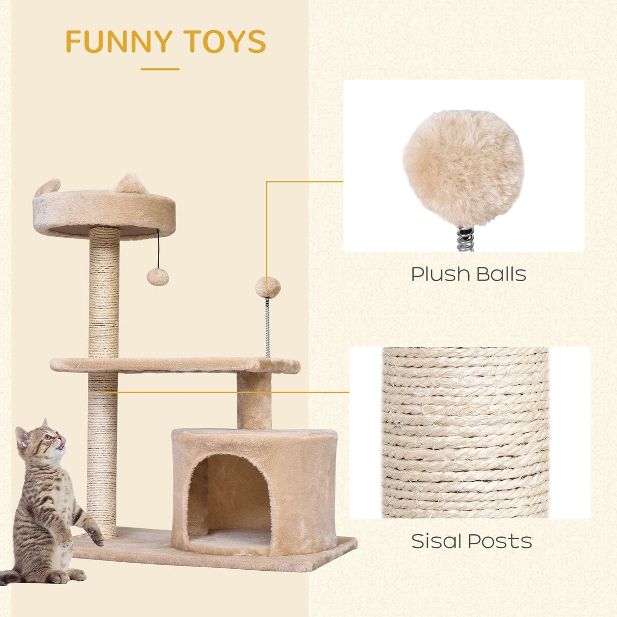3-Tier Cat Tower w/ Hide-Away House & Ball Toys - Beige - Cat Trees - Purr Wish