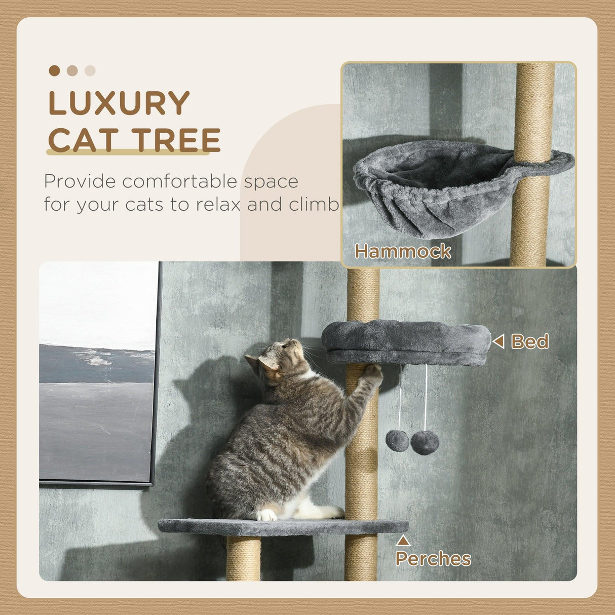 6-Tier Floor to Ceiling Adjustable Cat Tree, 230-250cm - Grey & Beige - Cat Trees - Purr Wish