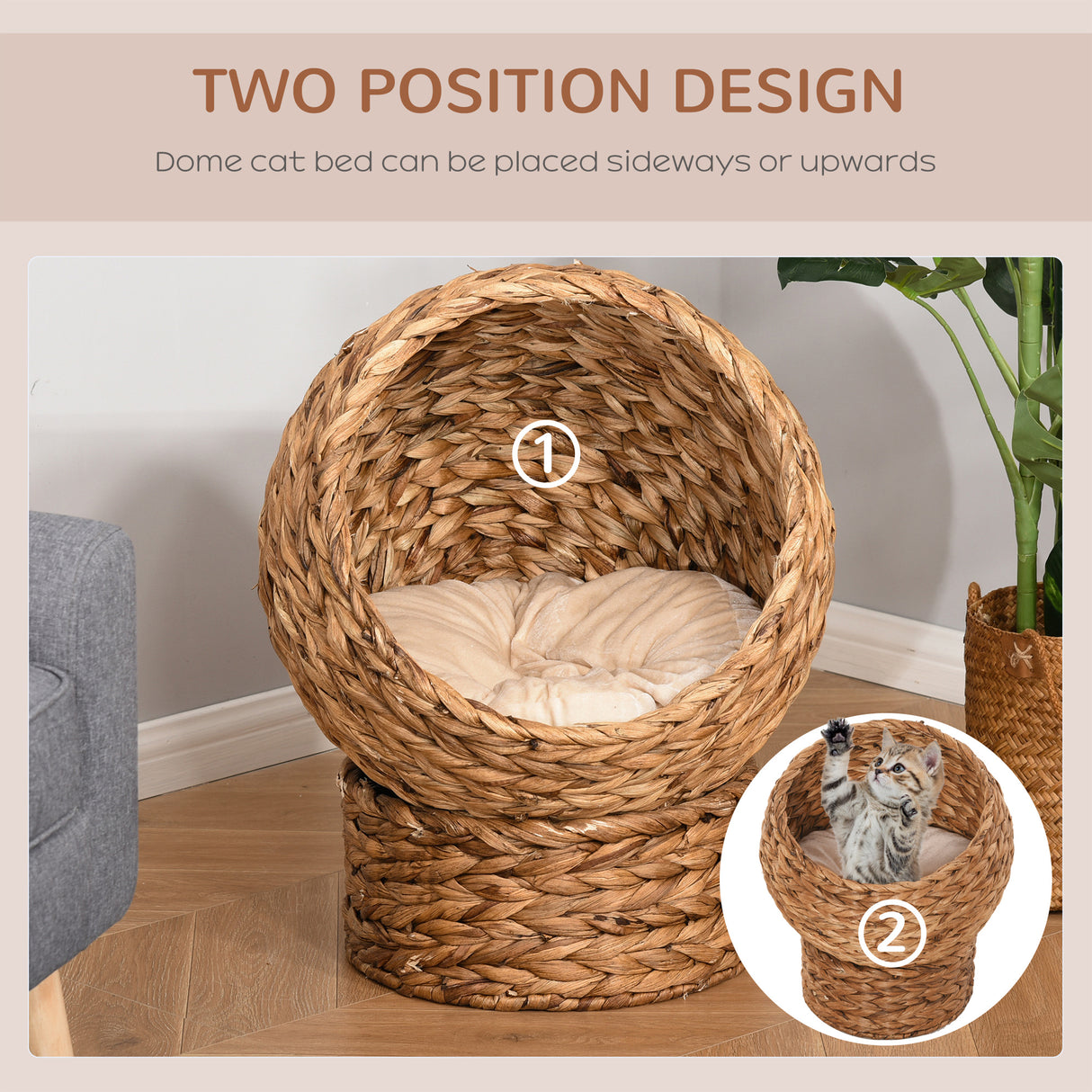 Raised Rattan Cat Bed with Soft Washable Cushion, Brown, 42 x 33 x 52cm