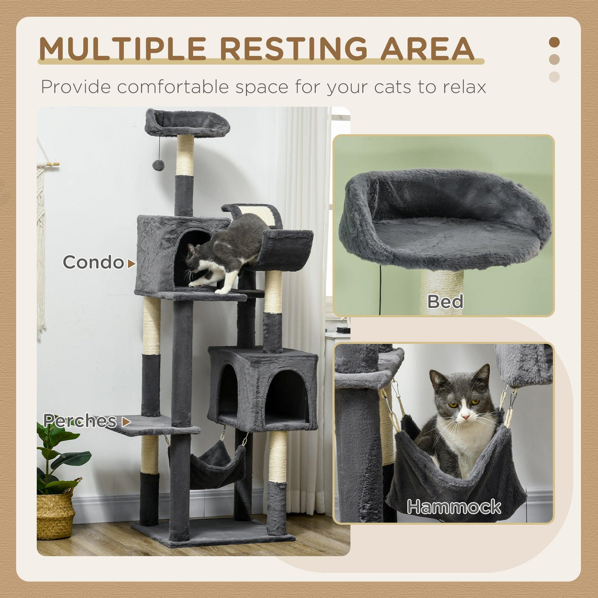 Multi-level Cat Tree with Condos, Toy Ball, 177cm - Dark Grey - Cat Trees - Purr Wish