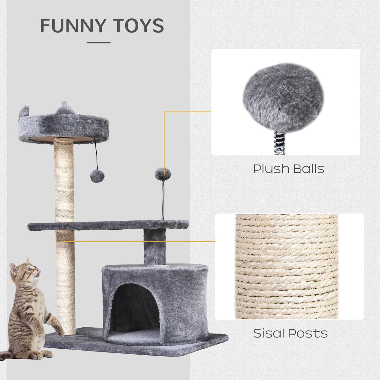 3-Tier Cat Tower w/ Hide-Away House, 81cm - Grey - Cat Trees - Purr Wish