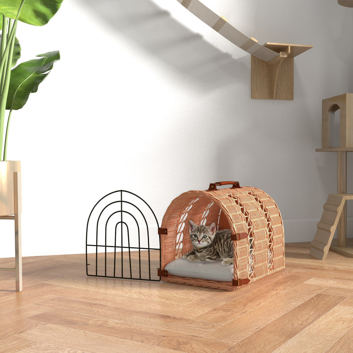 Orange Wicker Cat Carrier Basket Kitten Bed with Soft Cushion, 37 x 28 x 29 cm