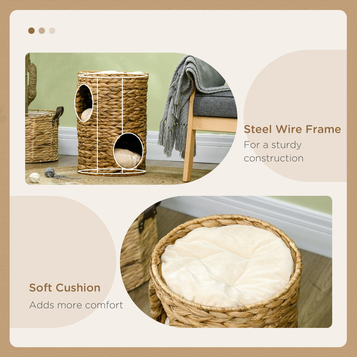 Indoor Cat Barrel Tree with 2 Cat Houses, 47cm - Light Brown - Cat Trees - Purr Wish