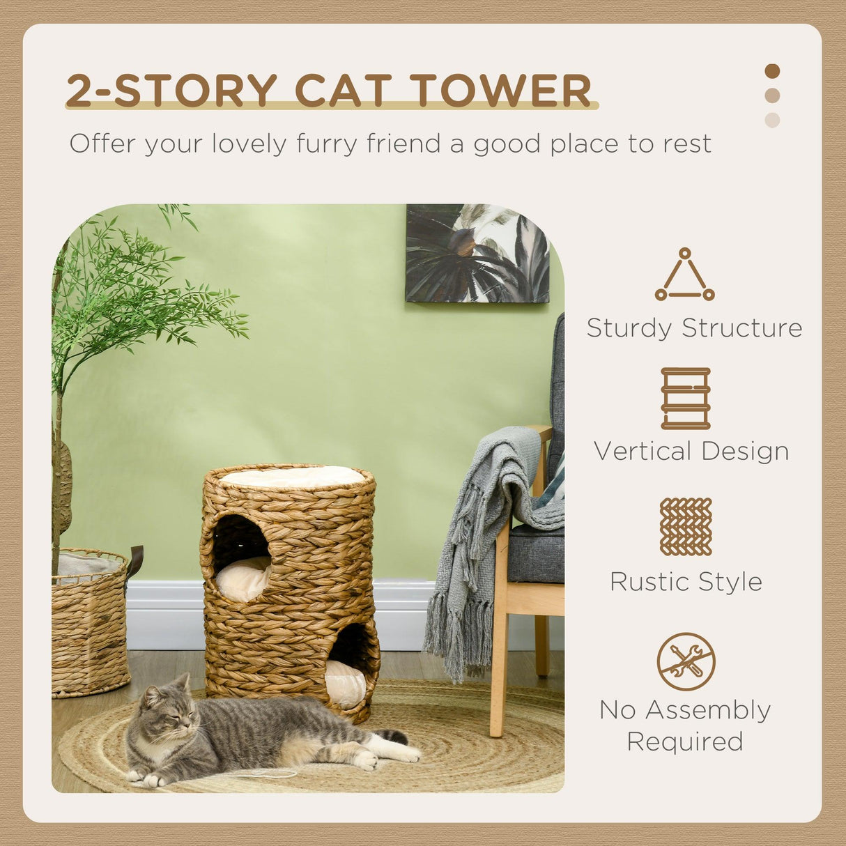 Indoor Cat Barrel Tree with 2 Cat Houses, 47cm - Light Brown - Cat Trees - Purr Wish