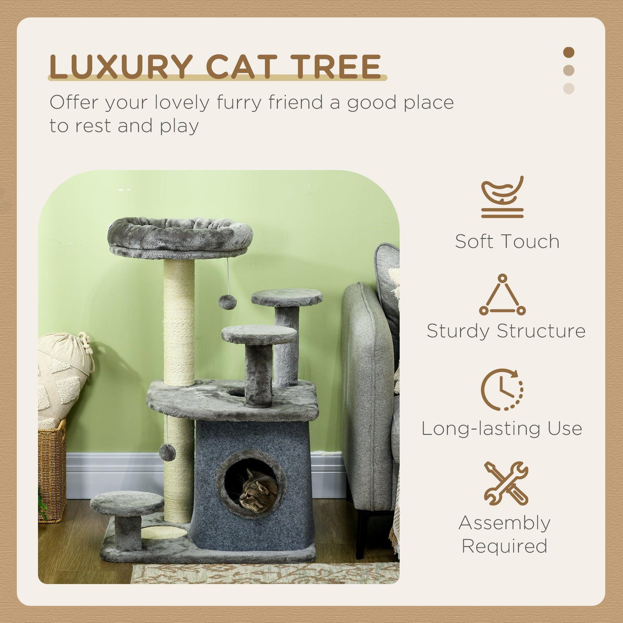 Cat Tower with Scratching Posts, Bed, House, 92cm - Grey - Cat Trees - Purr Wish