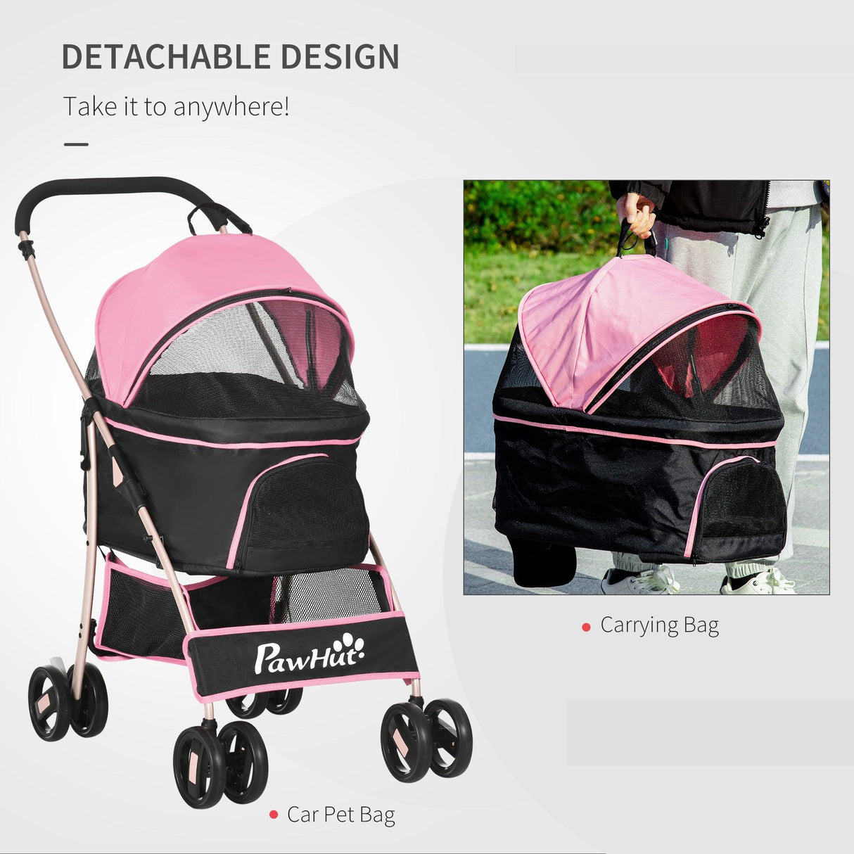 3-in-1 Cat Stroller - Carrier with Universal Wheel - Pink & Black - Cat Carriers & Strollers - Purr Wish