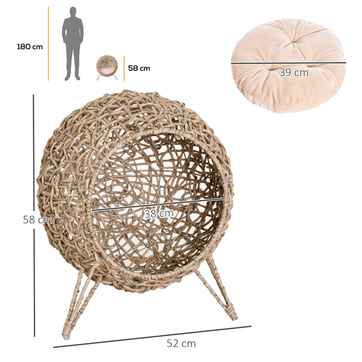 Ball-Shaped Rattan Elevated Cat Basket with Three Tripod Legs, Natural Wood Finish
