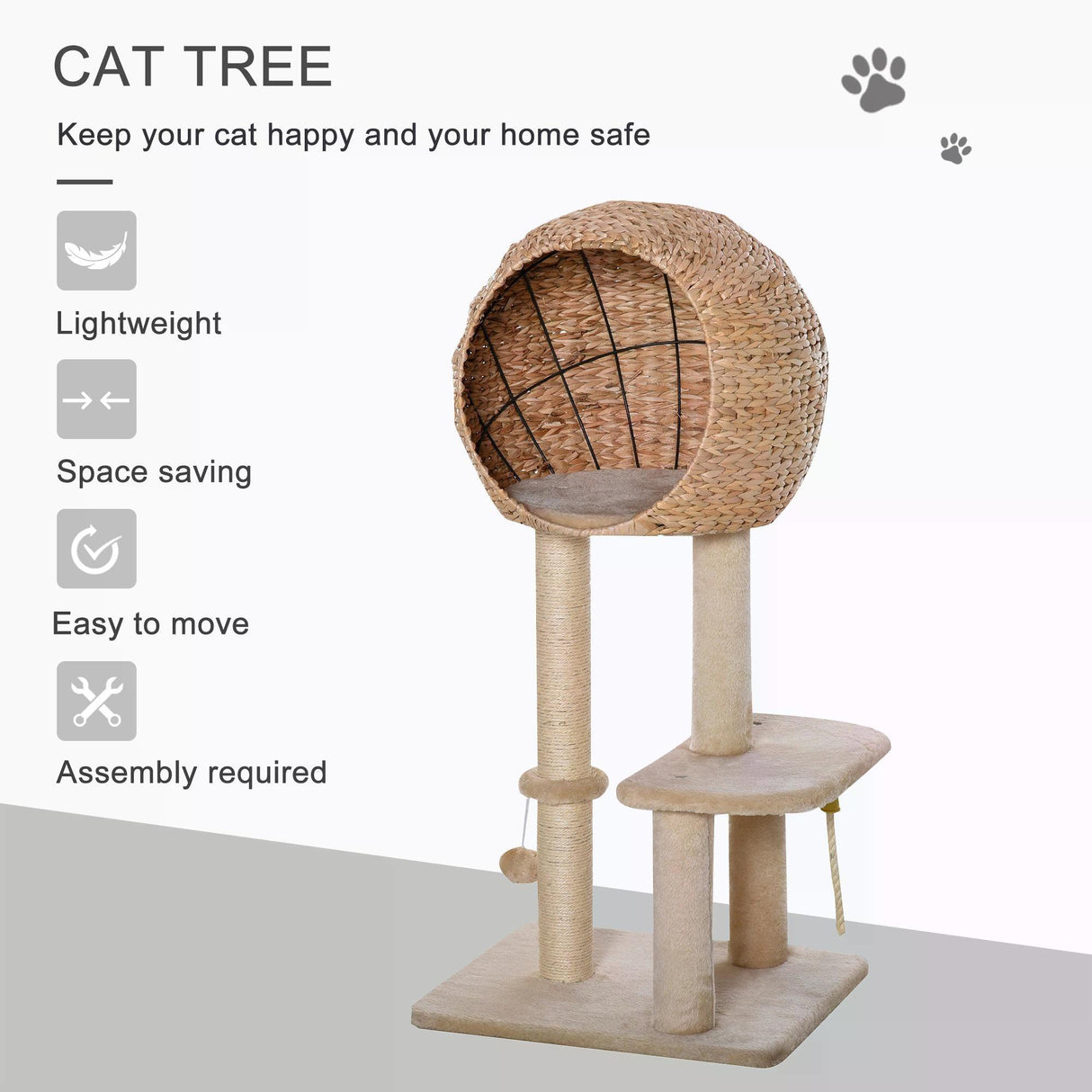 Cat Tower with Perch and Teasing Rope Toy, 100cm - Beige - Cat Trees - Purr Wish