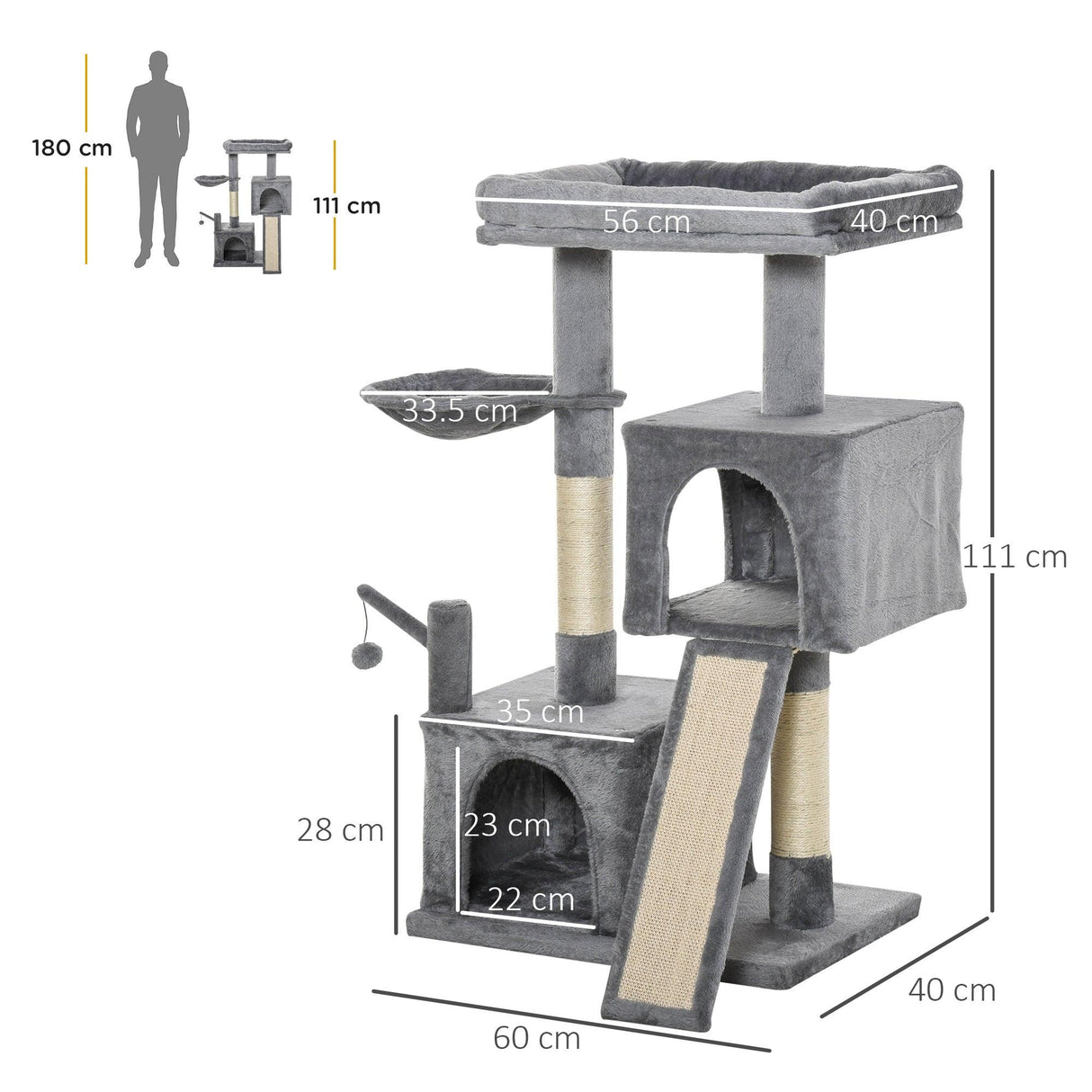Cat Tower with Hammock and Hanging Ball Toy, 111cm - Grey - Cat Trees - Purr Wish