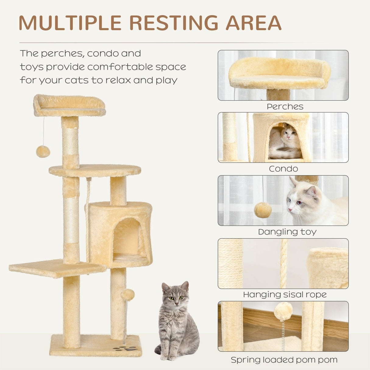 Multi-Level Cat Tree House, 114cm - Beige - Cat Trees - Purr Wish