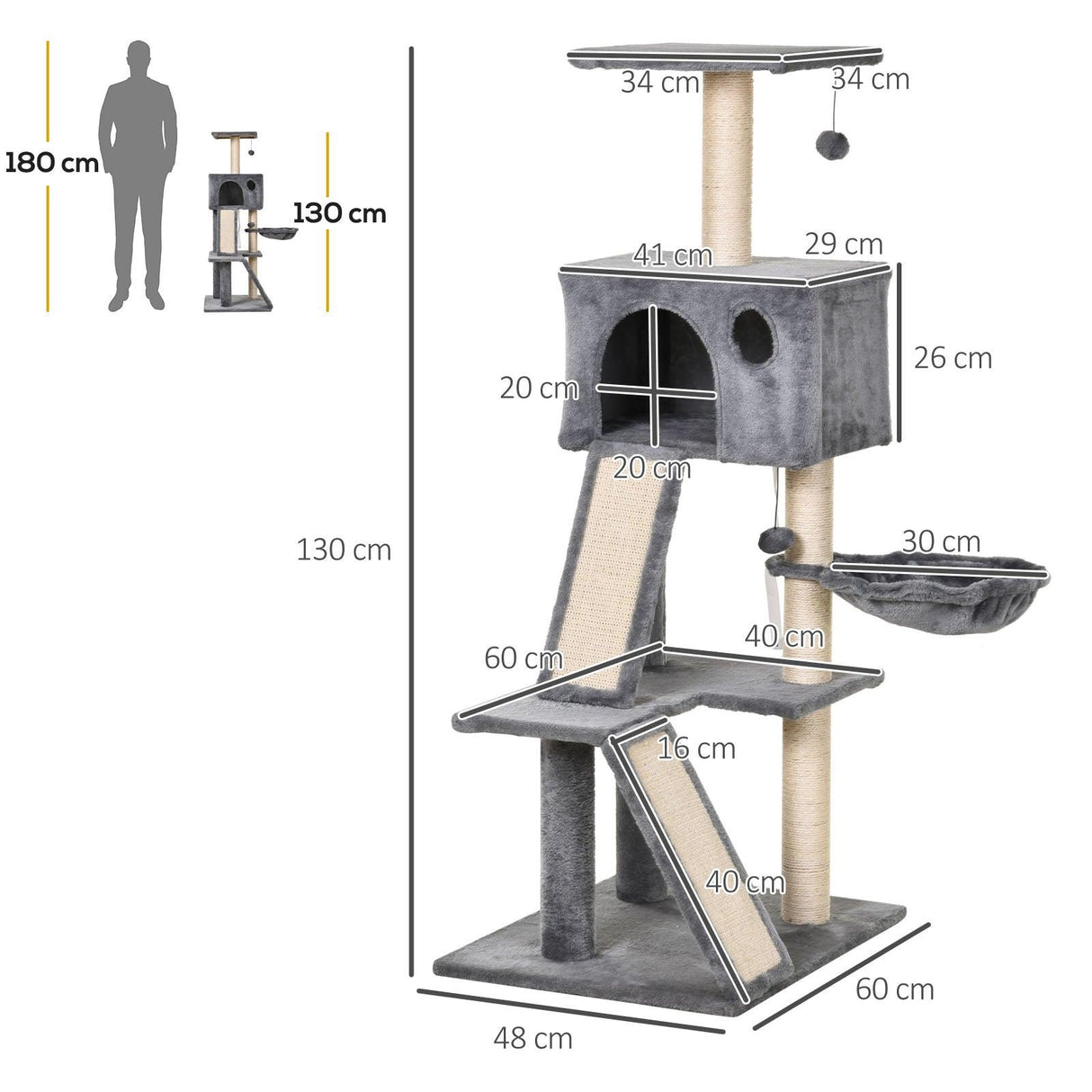 Multi-Activity Cat Tower, 130cm - Grey - Cat Trees - Purr Wish