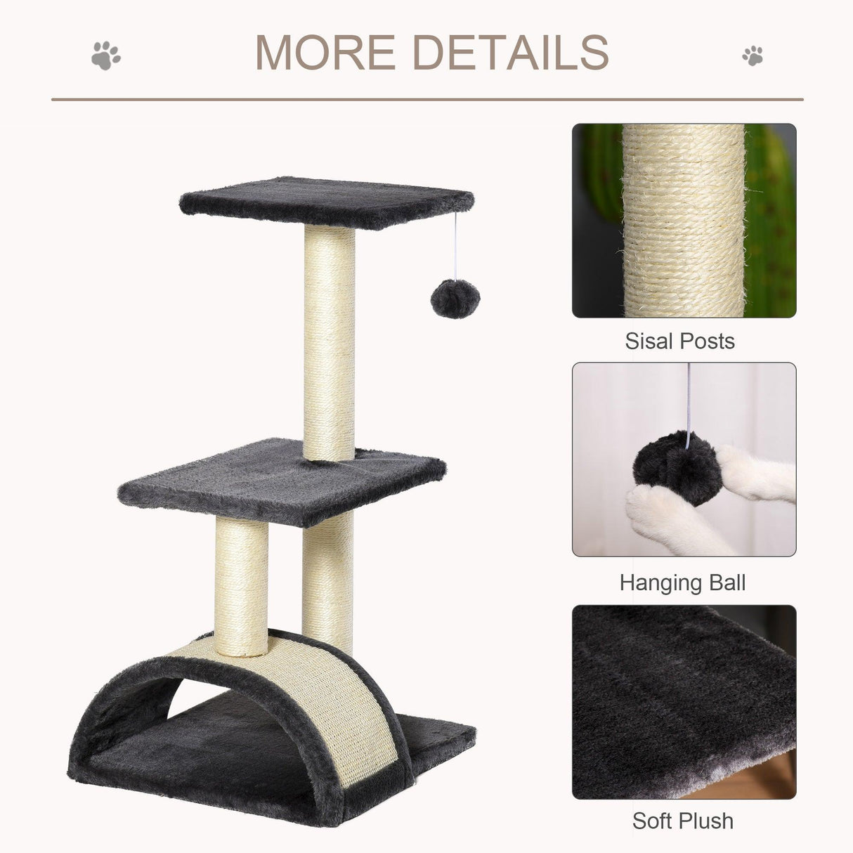Cat Tower with Scratching Post Pad and Hanging Ball, 72cm - Black - Cat Trees - Purr Wish
