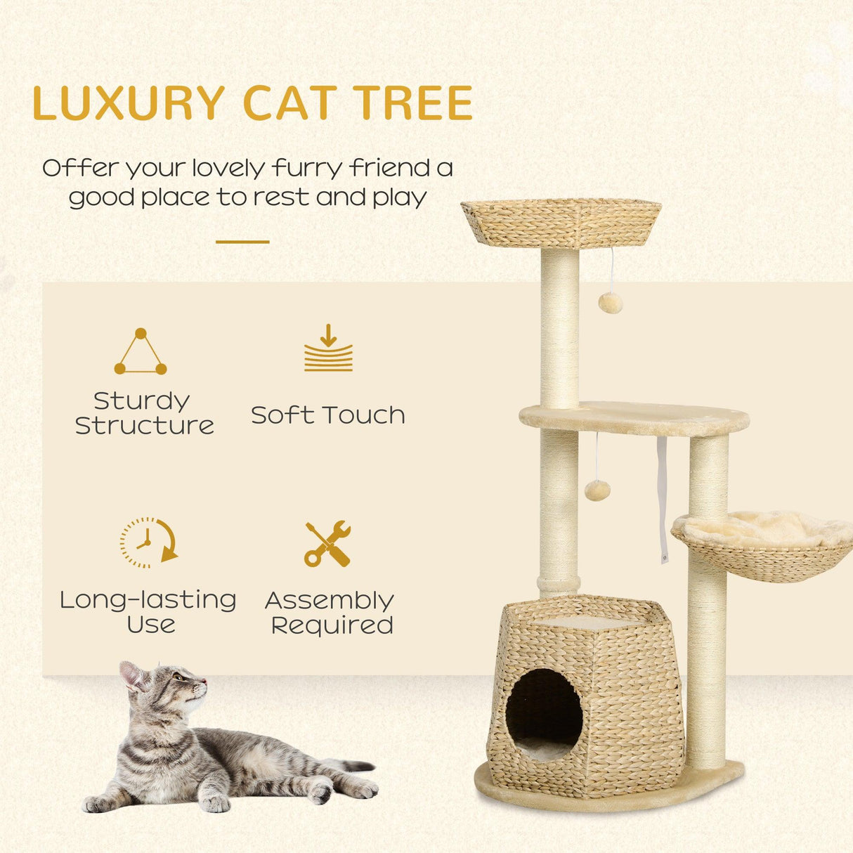 Weaved Cat Tree w/ Sisal Posts & House, 119cm - Natural - Cat Trees - Purr Wish