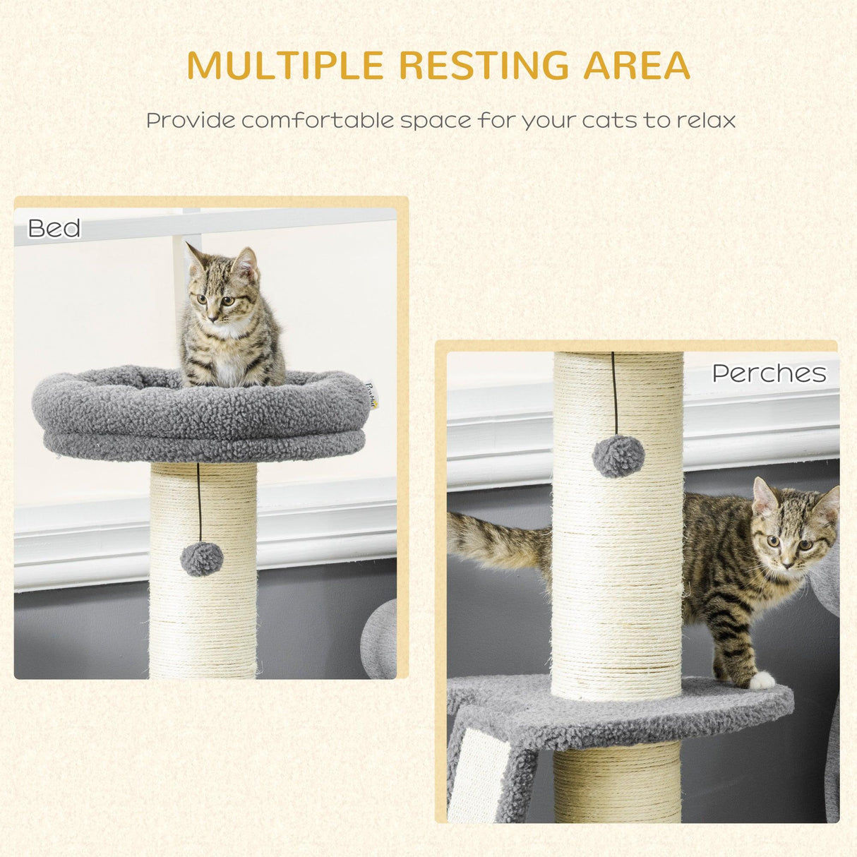 Contemporary Cat Tree & Bed, 127 cm - Grey & Beige - Cat Trees - Purr Wish