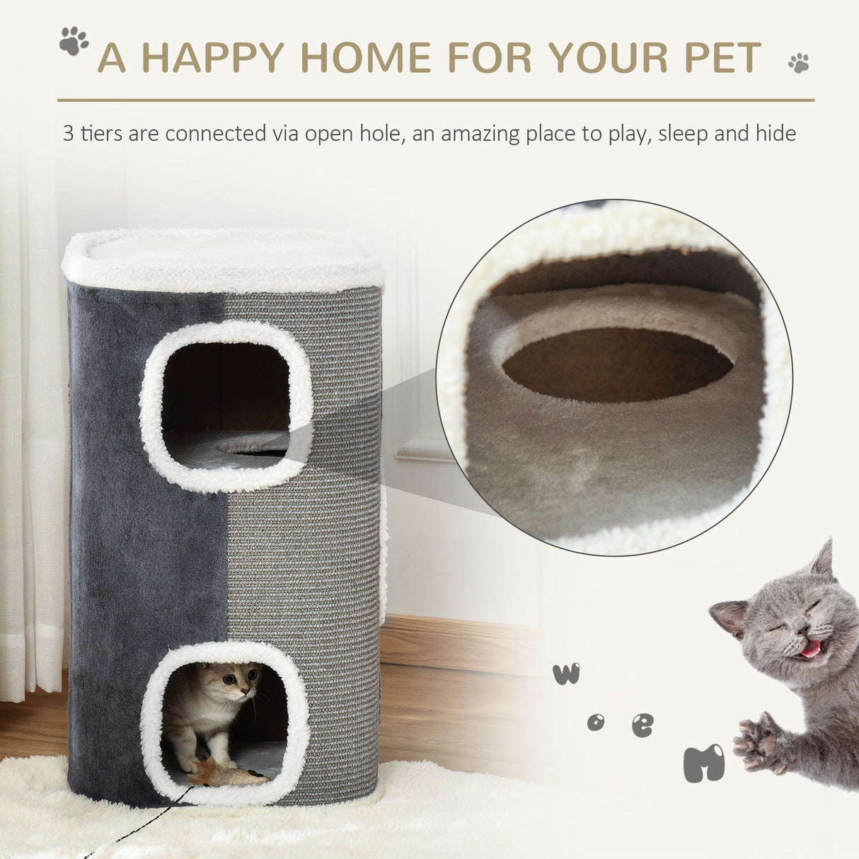 Cat Barrel with Plush Interior, 74Hcm- Grey - Cat Scratchers - Purr Wish