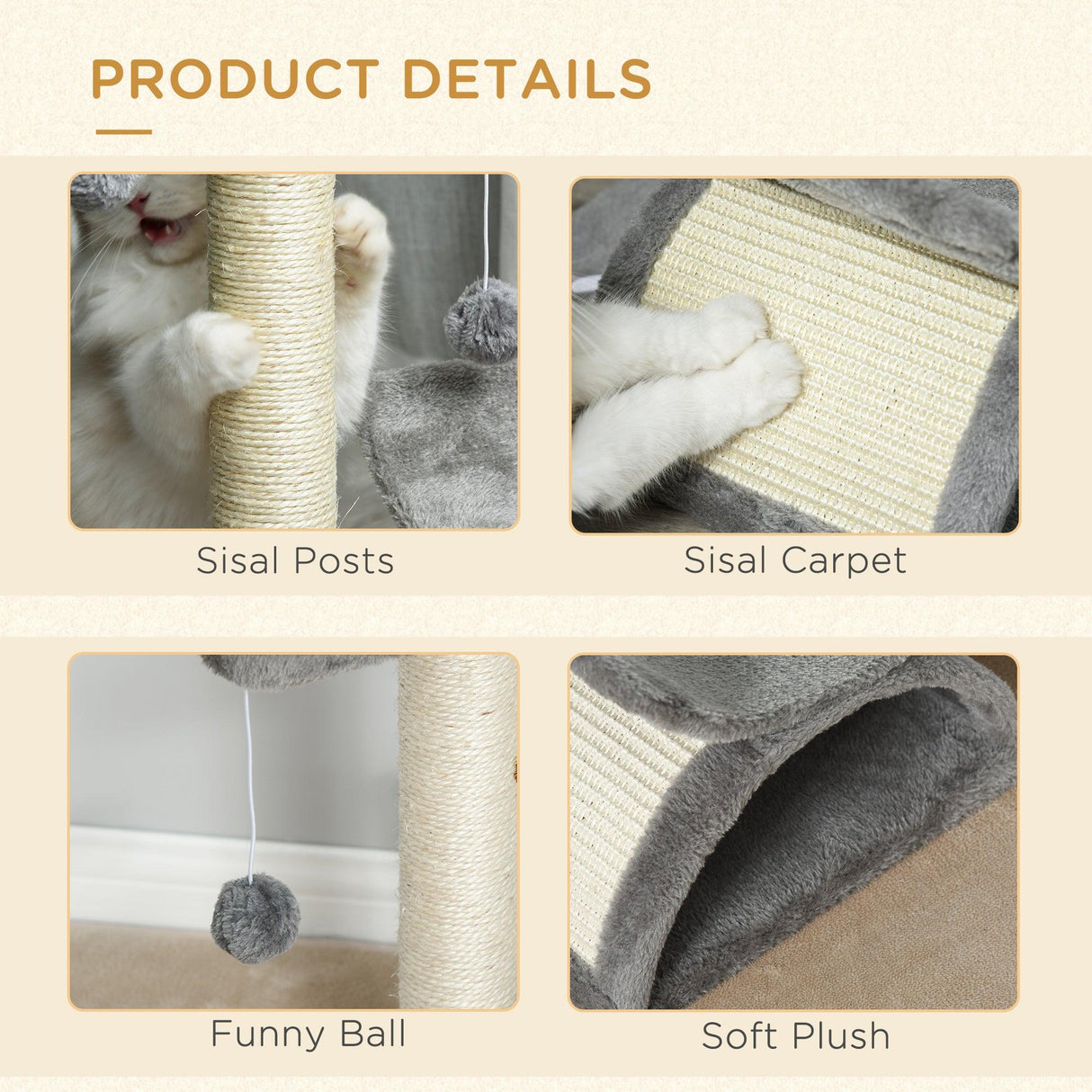 Cat Tower w/ Scratching Post, Perch, Tunnel, Balls, 43cm - Grey - Cat Trees - Purr Wish