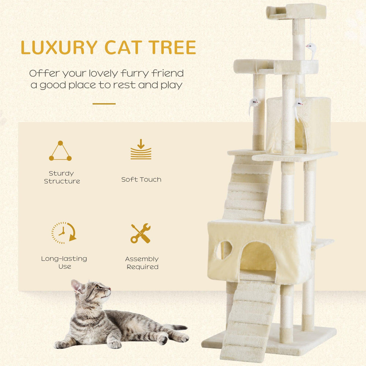 Multi-Level Cat Tower, Scratching Post, Cat Bed, 181cm - Beige - Cat Trees - Purr Wish