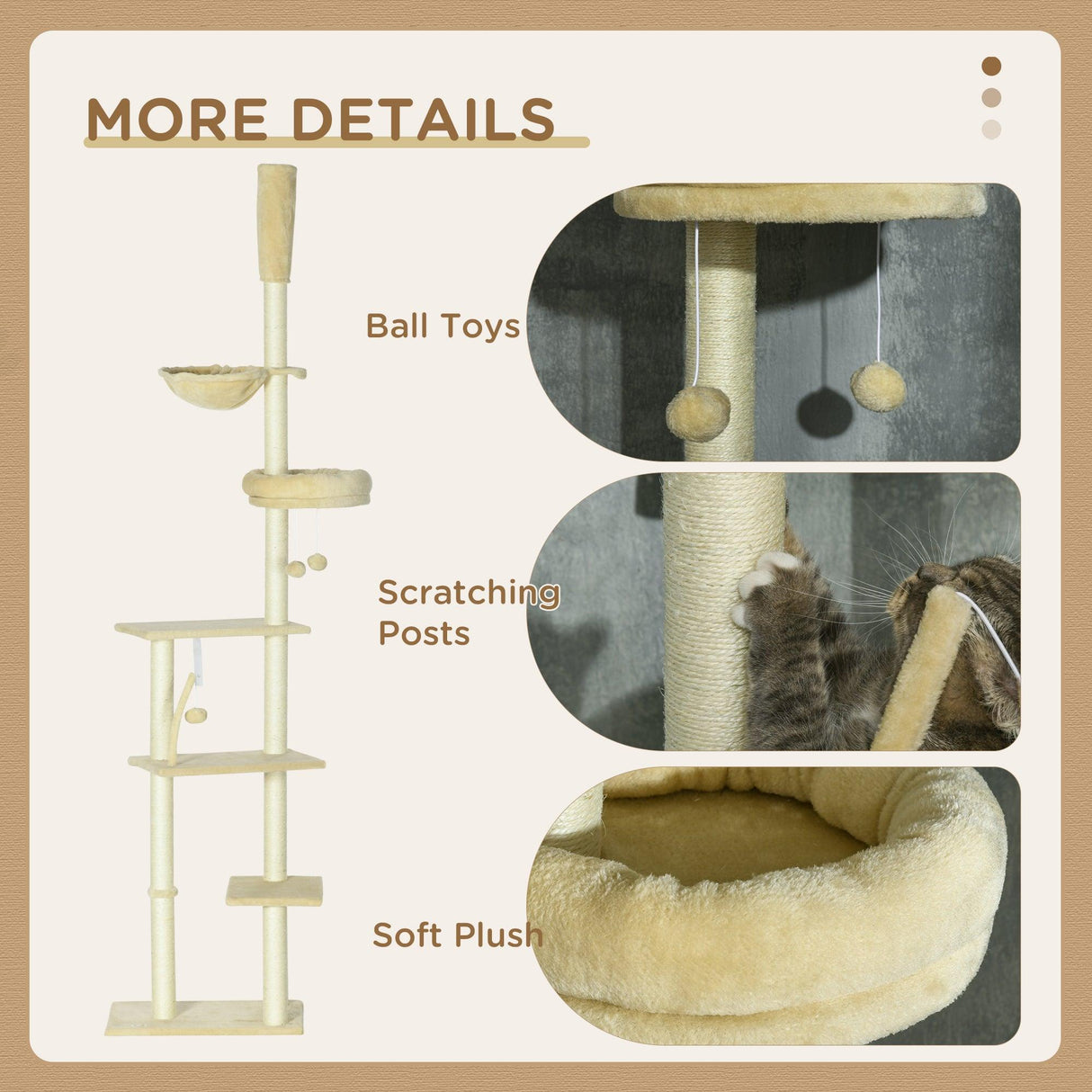 6-Tier Floor-to-Ceiling Adjustable Cat Tree, 230-250cm - Beige - Cat Trees - Purr Wish