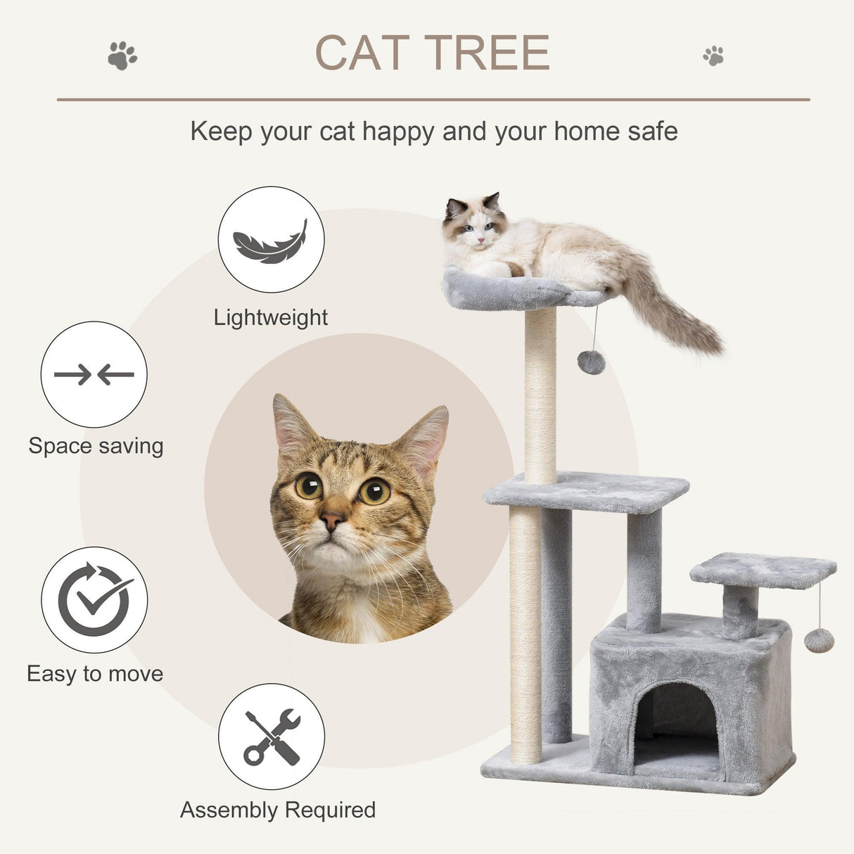 Cat Tower with Perch and Hanging Ball Toy, 114cm - Grey - Cat Trees - Purr Wish