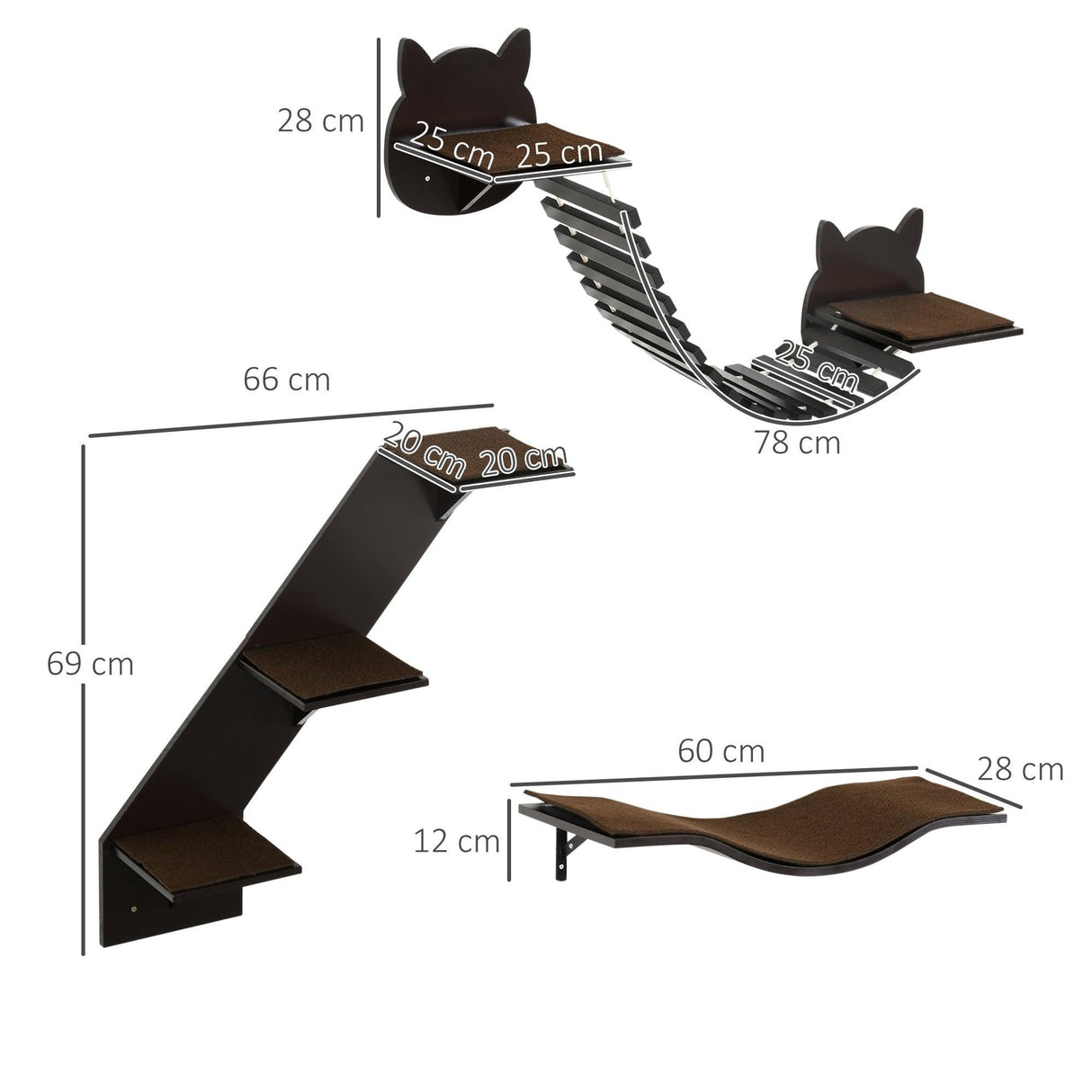 3-Piece Coffee Brown Cat Wall Shelf Set - Cat Walls - Purr Wish