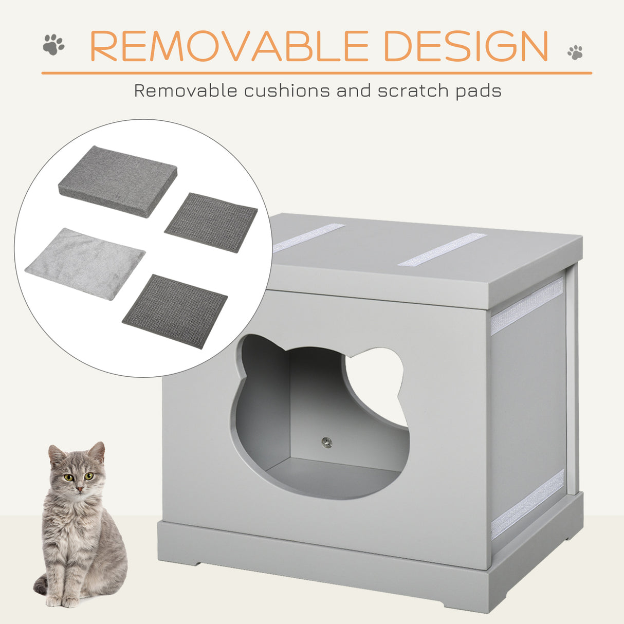 Grey Cat Cave Bed with Removable Scratching Pads, 41 x 30 x 36cm