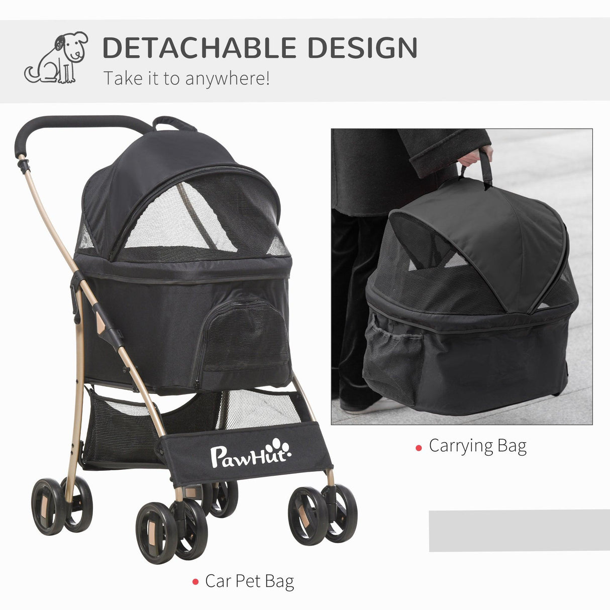 3-in-1 Cat Stroller - Carrier with Universal Wheel & Rain Cover - Black - Cat Carriers & Strollers - Purr Wish