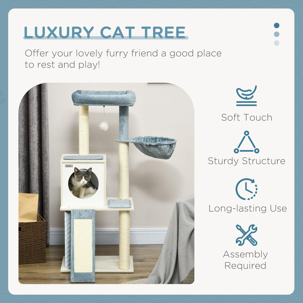 Cat Tree w/ Scratching Posts, Hammock, Bed, House, 114cm - Grey Blue - Cat Trees - Purr Wish